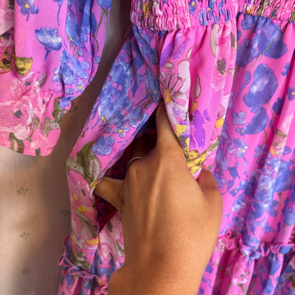 Ivy City Co Rowan Midi Dress 1X Pink Floral Smocked Tiered Cottagecore Vacation - Picture 8 of 12